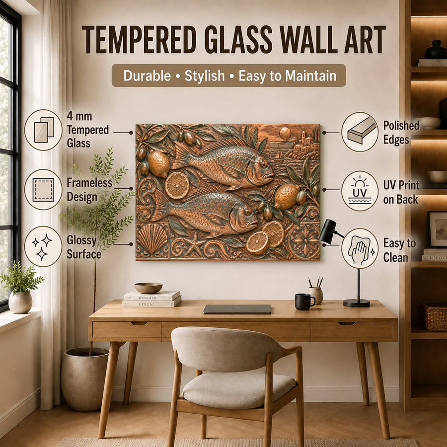 Large mediterranean catch glass print styled in a contemporary open-concept kitchen