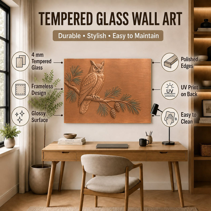 Pine Owl glass wall art styled in a rustic dining room interior