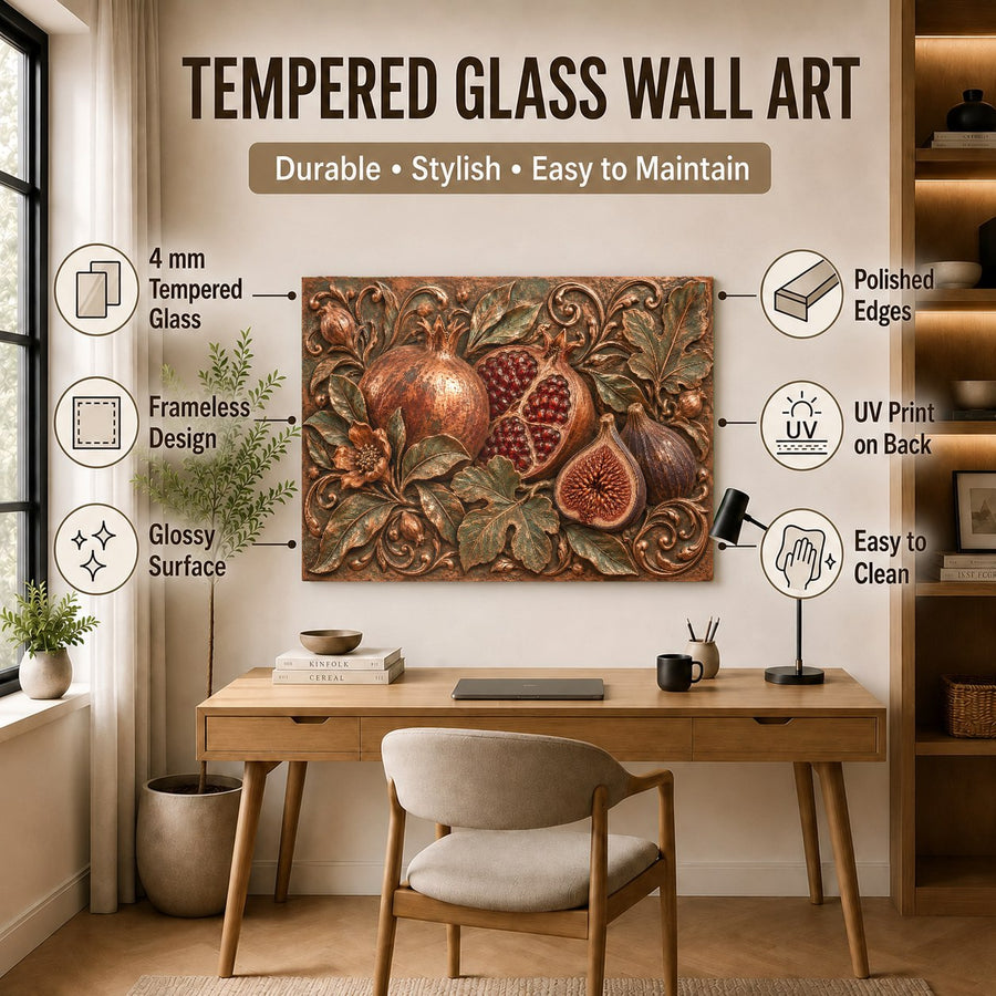 Pomegranate Fig kitchen wall decor styled above a quartz countertop and white cabinets