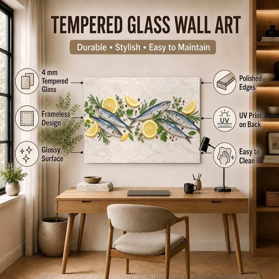 Bright kitchen wall decor featuring Sardine Lemon Glass Art on white subway tile