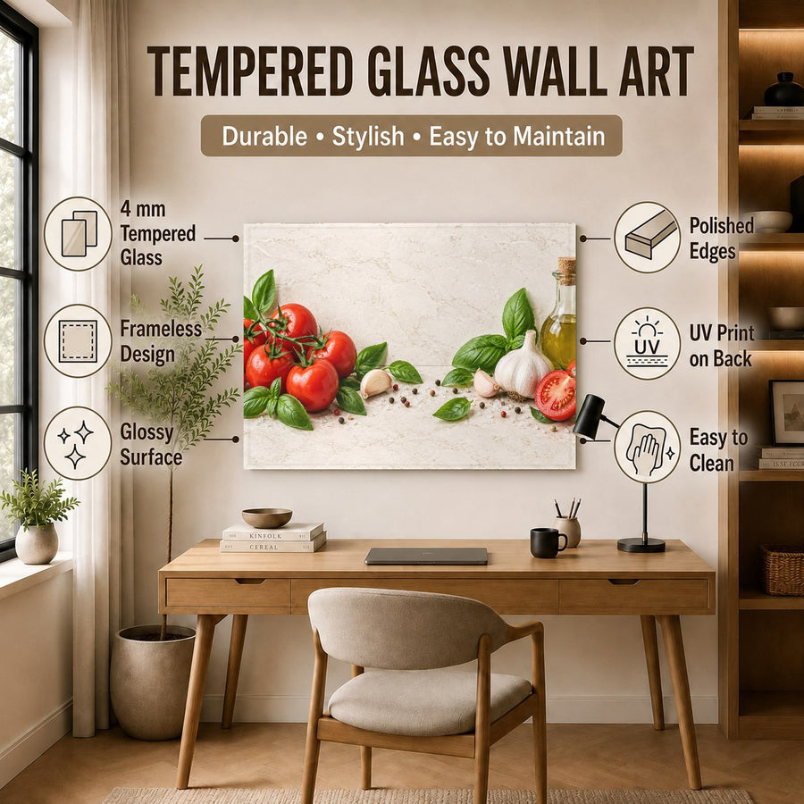 Tomato basil tempered glass art piece showcased in an open-concept luxury home kitchen