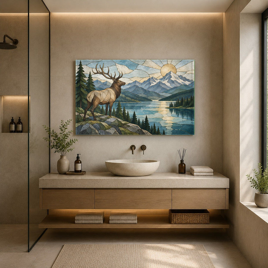 Side angle view highlighting the luminous 4mm tempered glass finish and float frame of Elk River art