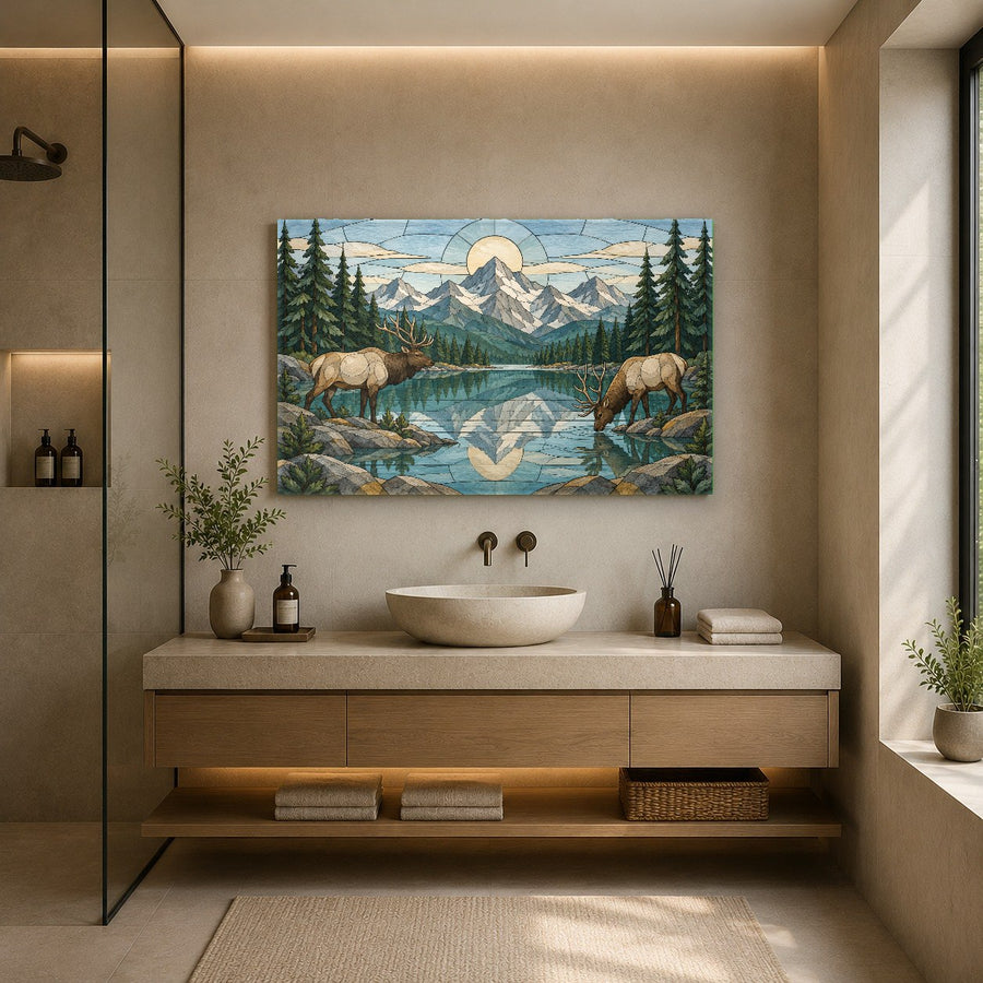 High-gloss deer glass artwork reflecting natural light in a contemporary dining room with wooden accents.