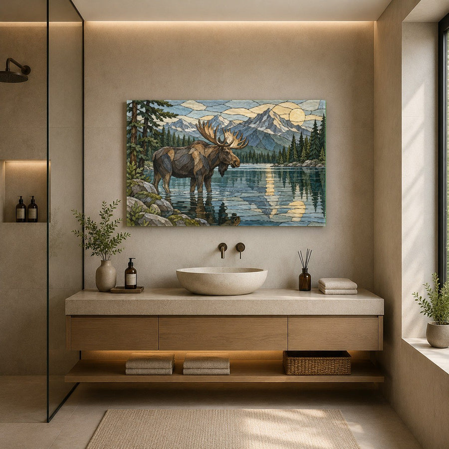 Close-up angle showing the high-gloss reflective surface of the Elk Mountain River glass print