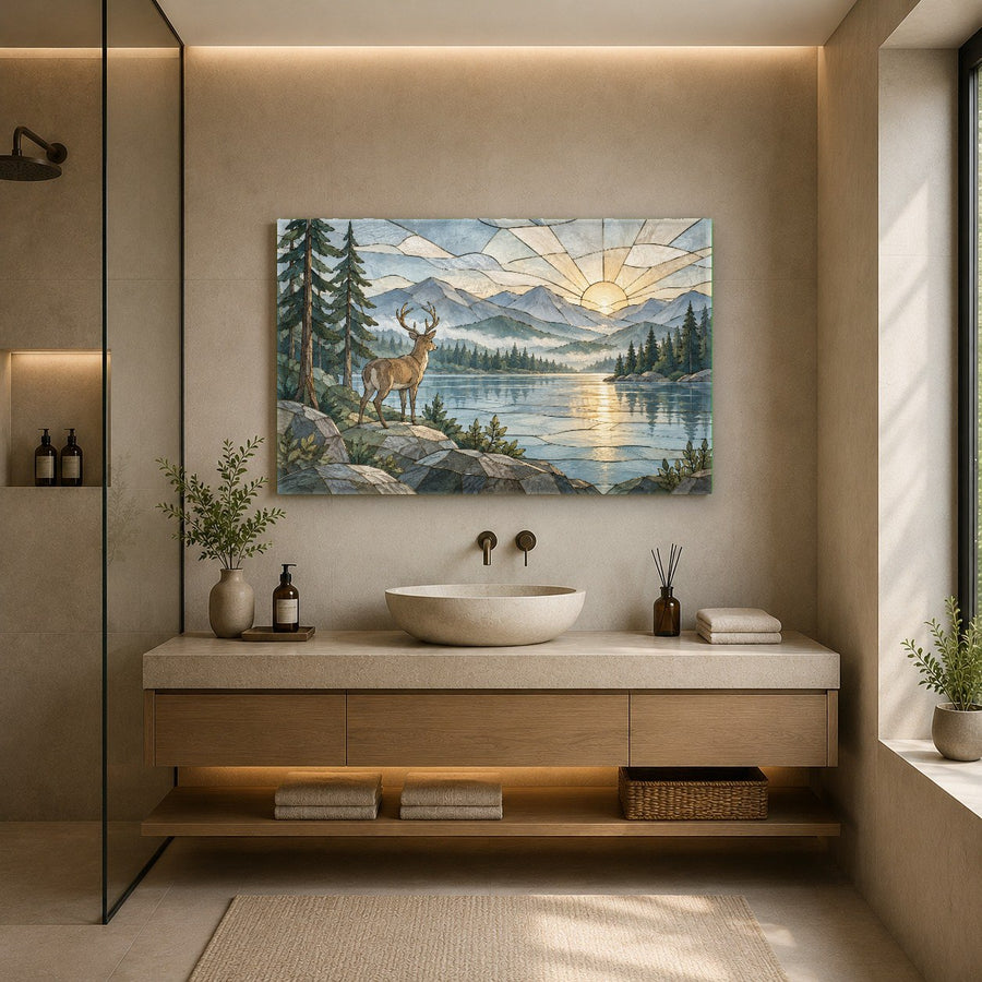 Sleek frameless glass art showing a deer family at sunset mounted on a minimalist office wall.