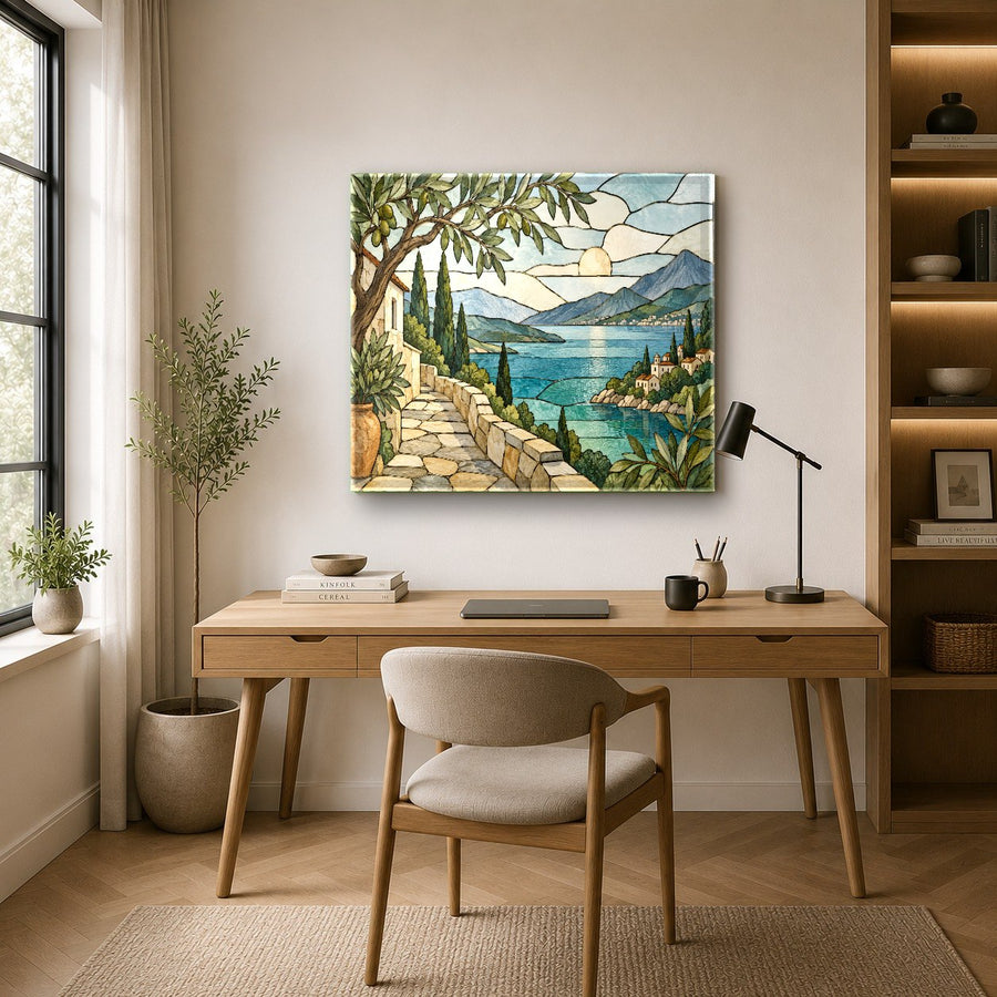 Frameless coastal mosaic art hanging above a light oak dining table in a contemporary dining room.