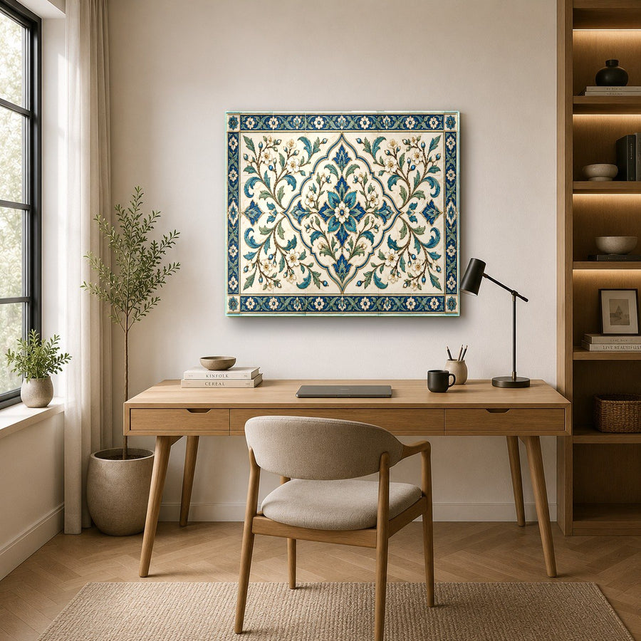 Large tile pattern glass art print in a minimalist bedroom interior with natural light