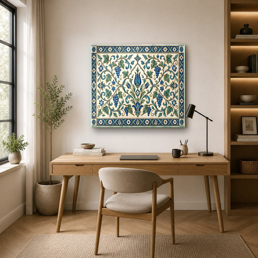 Anatolian pattern tempered glass art in a sophisticated office interior