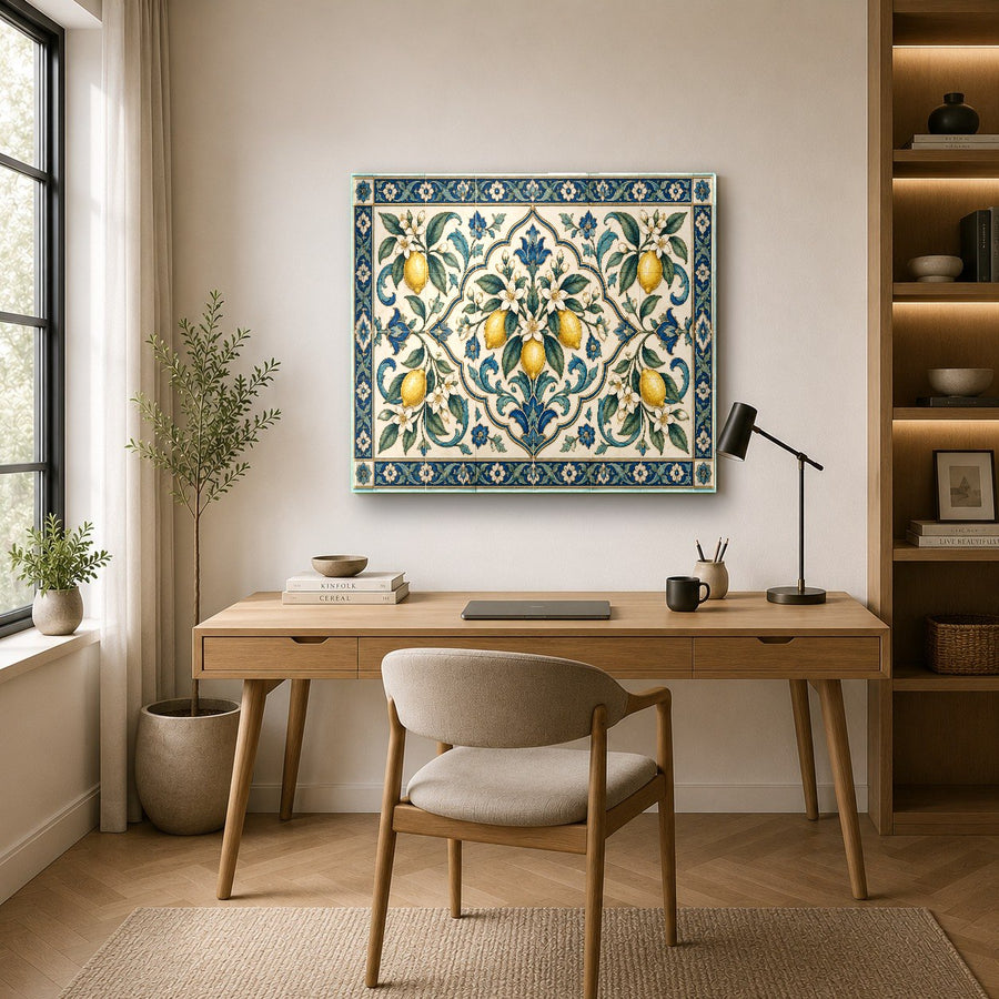 Modern kitchen accent featuring bright lemon wall art above a sleek stainless steel oven.