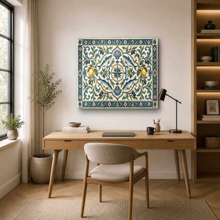 Interior view of a luxury hotel lobby featuring a vibrant blue and gold glass wall decor piece