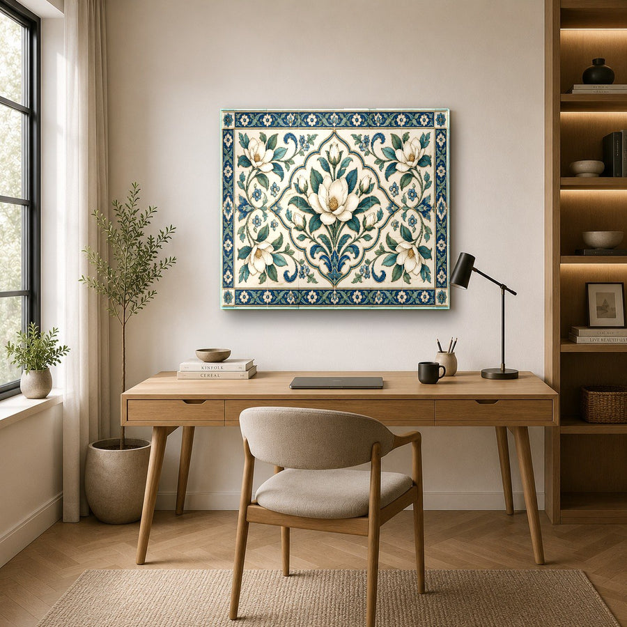 Large format glass wall art featuring Mediterranean scenery in a luxury hotel lobby