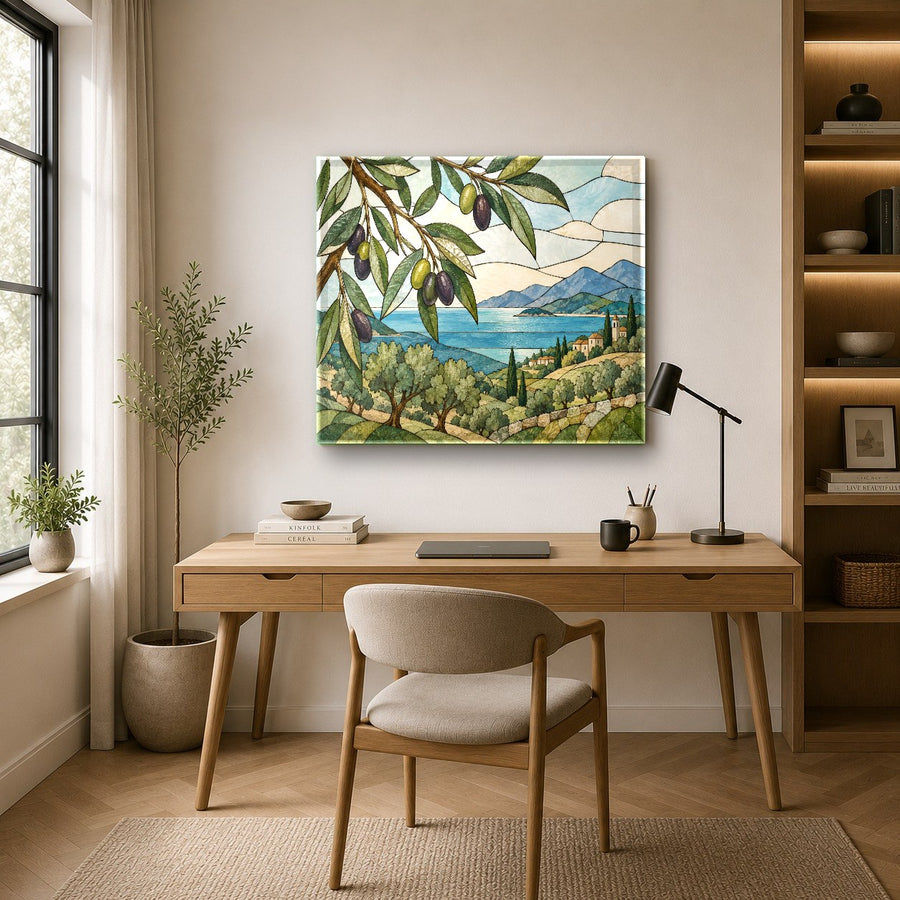 Interior mockup of olive branch glass art placed above a cozy accent chair in a reading nook