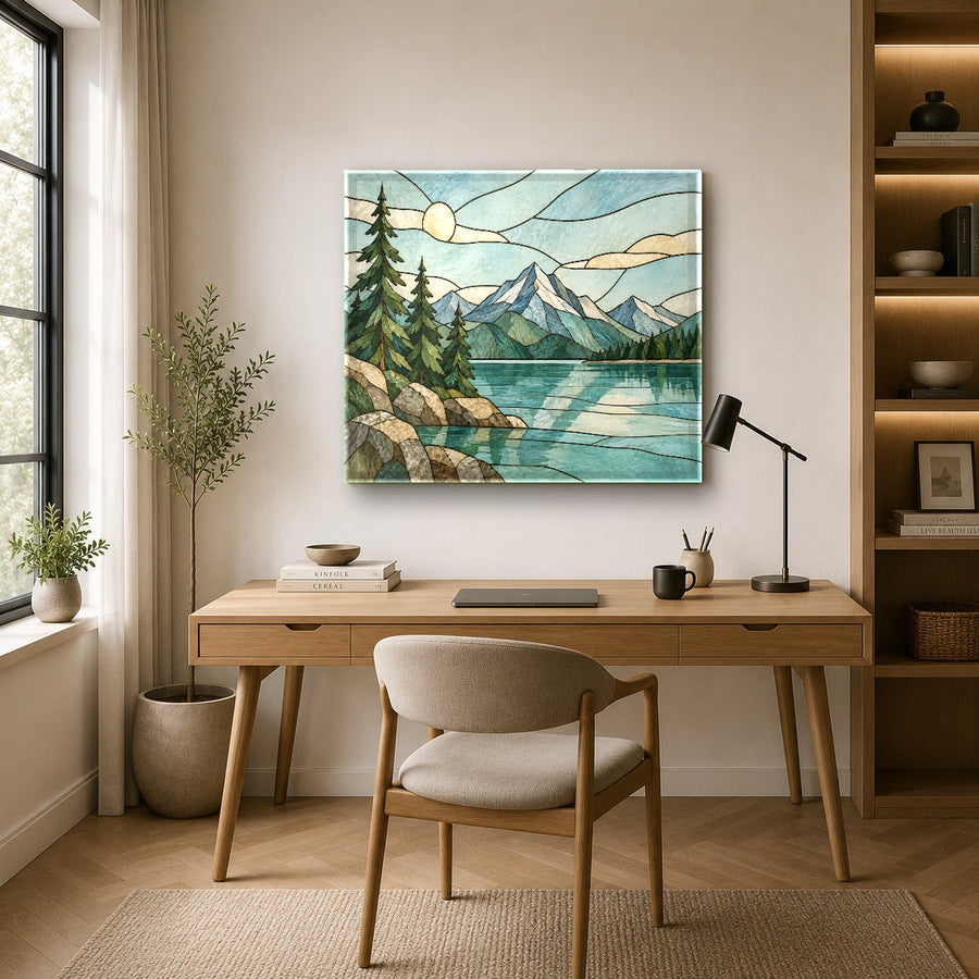 Stained Lake glass painting styled in a luxury home office interior
