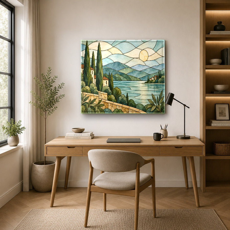 Oversized Stained Sunrise glass wall art styling a luxury hotel lobby interior