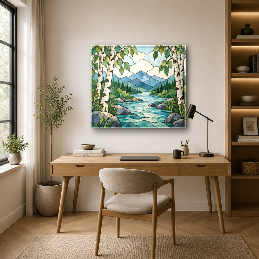 Vibrant nature glass print hanging on a neutral hallway accent wall