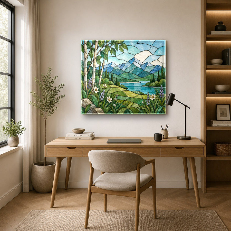 Colorful nature glass wall hanging displayed in a chic dining room setup