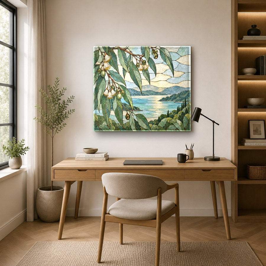 Large botanical wall art piece styled in a bright entryway corridor