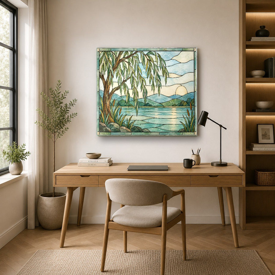 Large tree glass wall art styled in a sophisticated urban apartment dining space