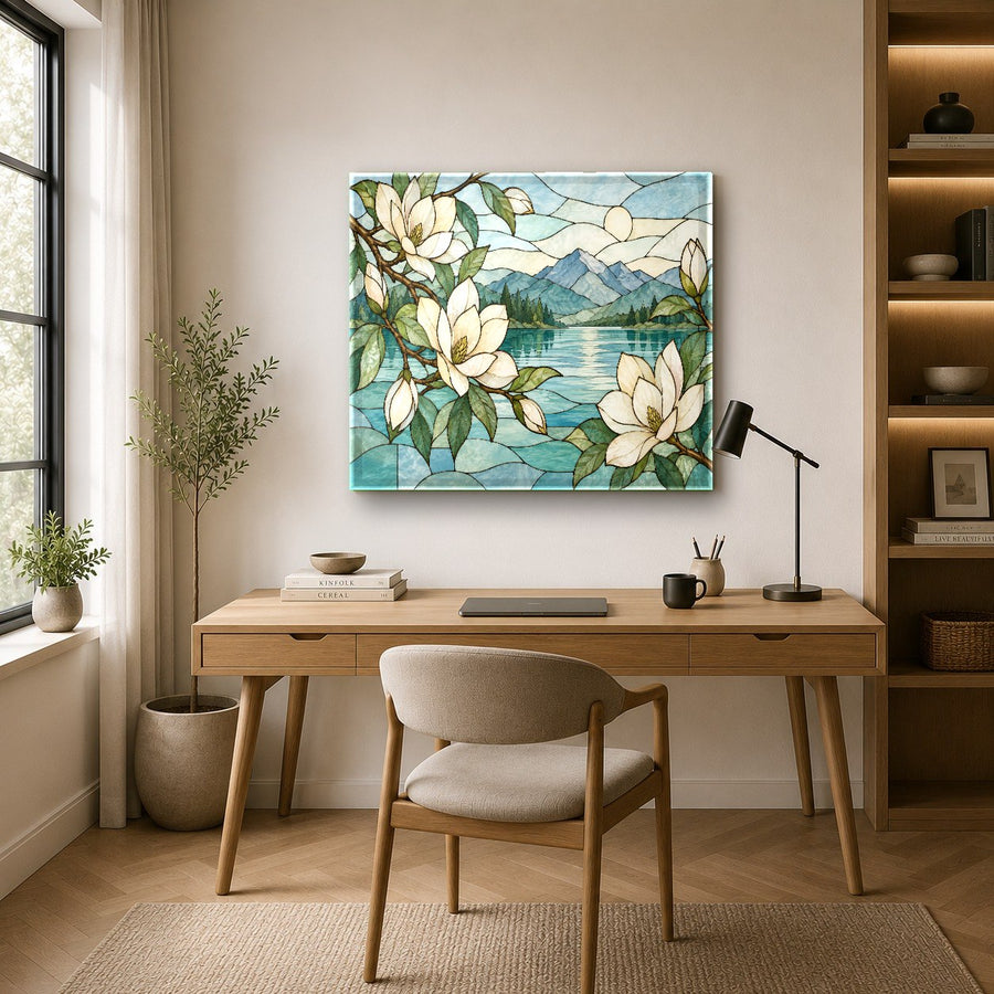 Stained glass style magnolia wall print showcased in a luxury minimalist home office