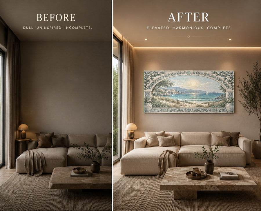 Coastal Archway glass print reflecting natural light in a spa relaxation room with wooden accents.