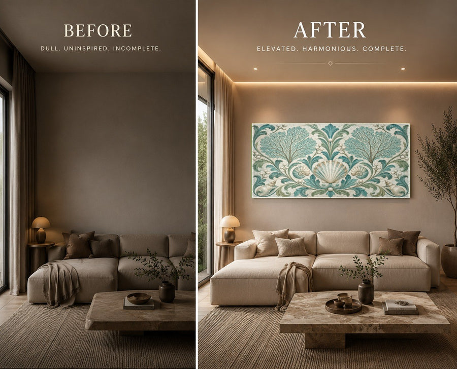 Side-angle view of a luminous Coral Pearl glass print catching light in a high-end hotel lobby.