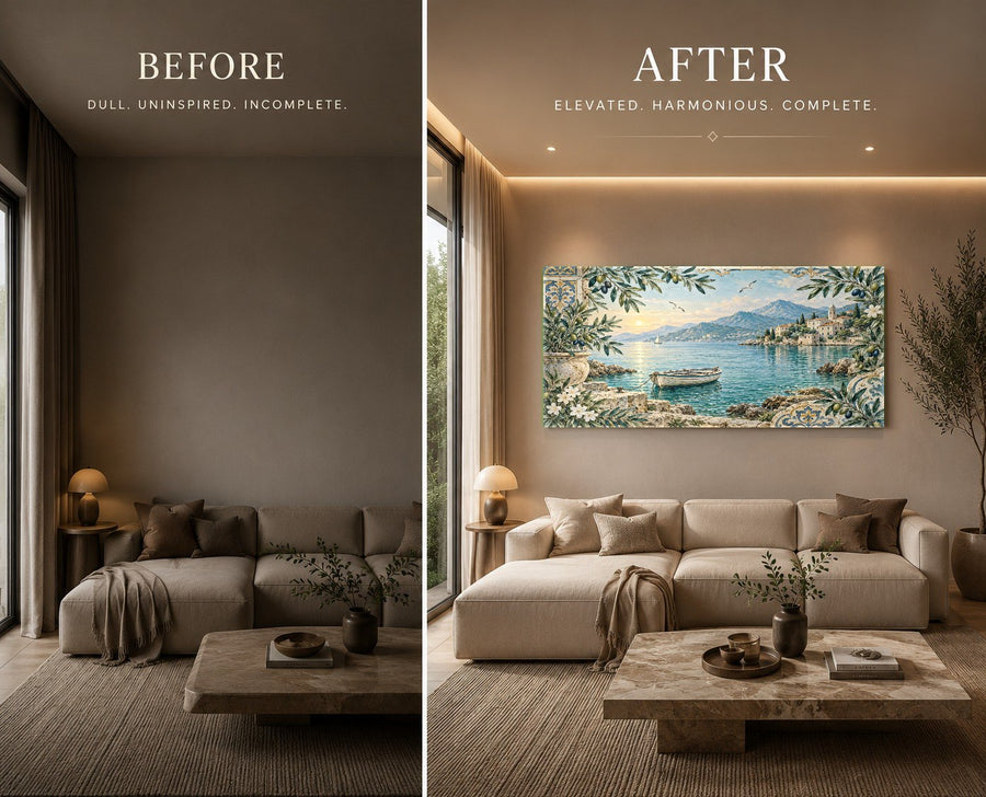 A luxury hotel suite bedroom featuring coastal themed tempered glass wall art above the king-sized bed.