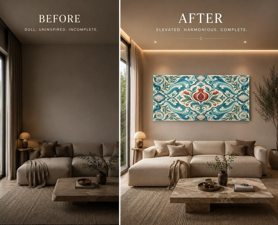 Sleek hotel corridor adorned with a series of abstract pomegranate red glass prints reflecting warm ambient light.