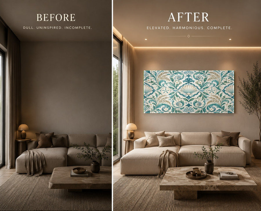 High-end resort hotel lobby decorated with a large-format seashell damask glass print behind the reception desk.