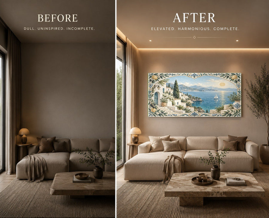 Tempered glass wall art featuring Amalfi Coast in an upscale office reception area
