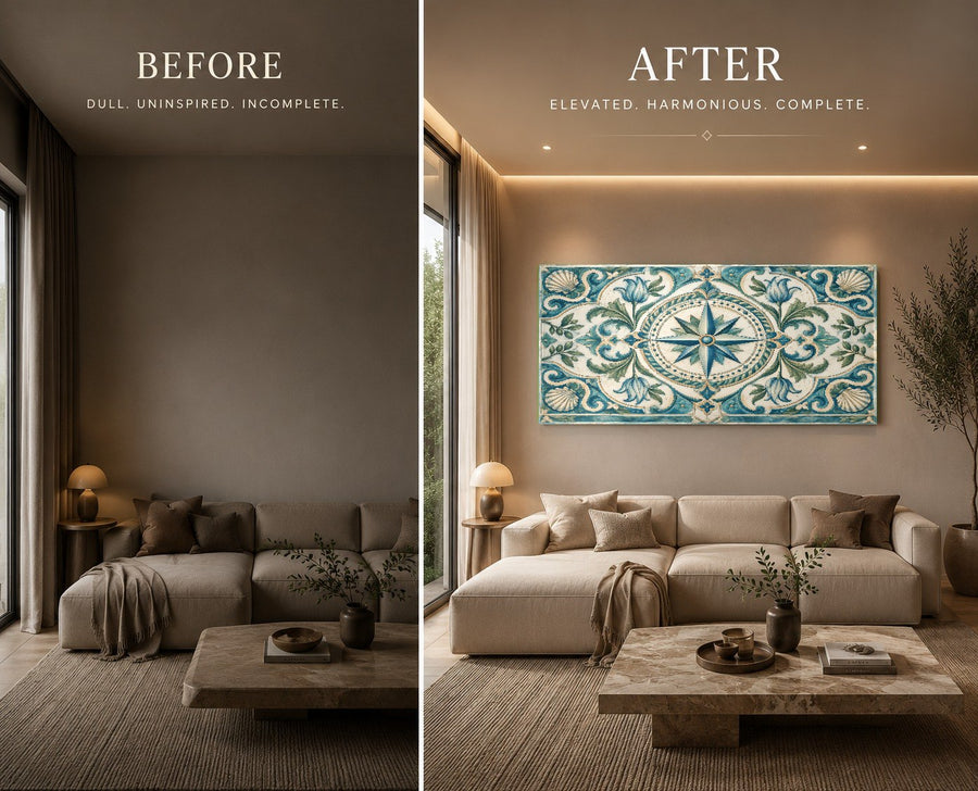Compass rose tempered glass wall art featured in a masculine study with leather furniture