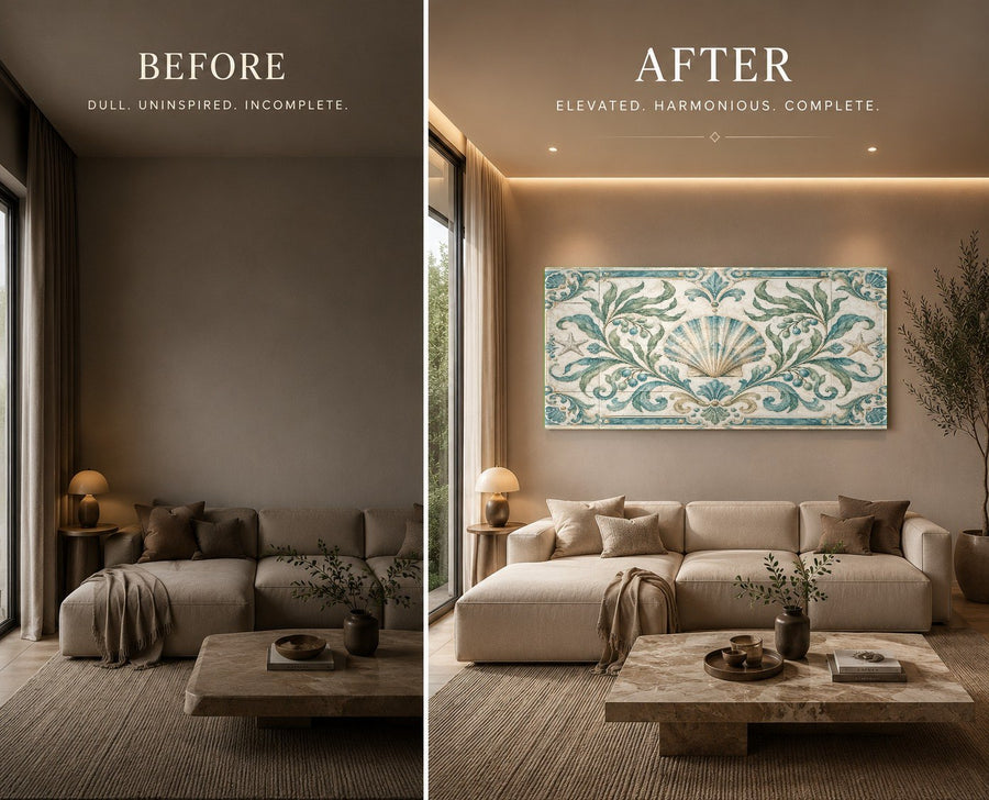 An upscale spa relaxation room with the abstract Scallop Olive glass wall art hanging on a textured stone wall.