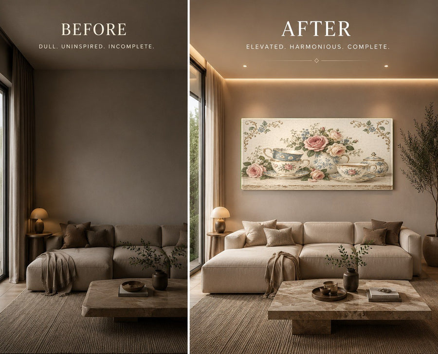 Floral glass art mounted on a soft neutral wall in a bright aesthetic living room