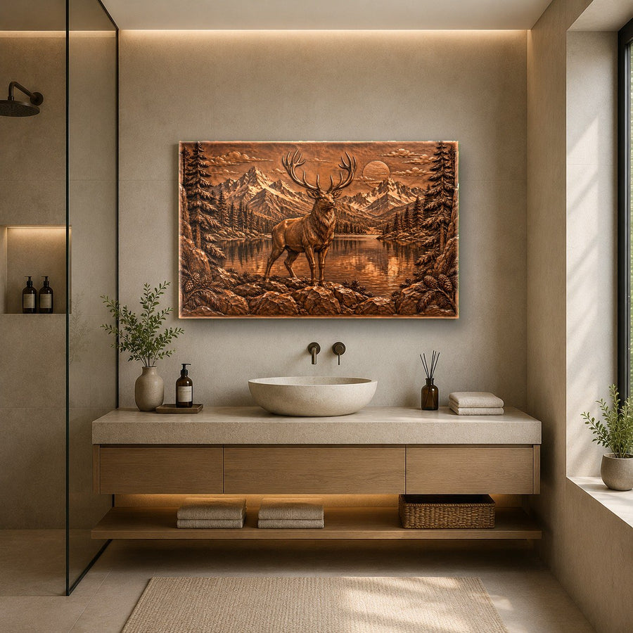 Rustic cabin living room featuring a large copper deer wall art print