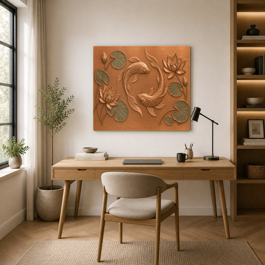 Japanese zen art glass panel displayed above a wooden console table in an entryway