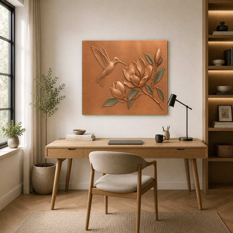 Home office interior with nature-themed tempered glass art on the wall