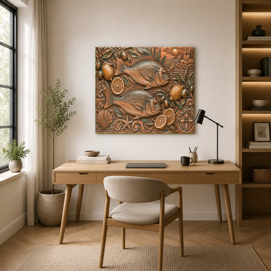 Seaside harbor glass wall art hanging above a rustic wooden console table