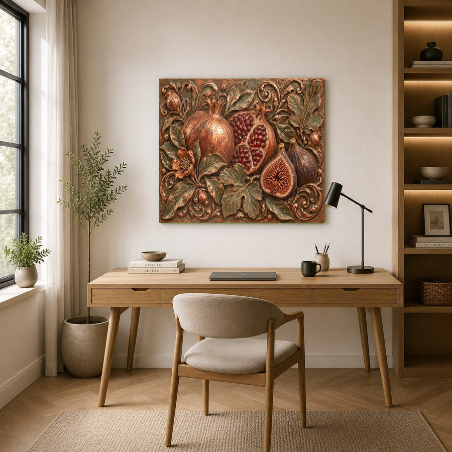 Frameless Pomegranate Fig tempered glass print showcased in a luxury boutique hotel lobby