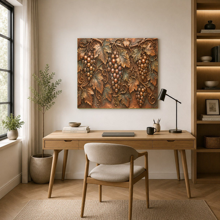 Mediterranean style grape cluster wall art in a cozy country home living room