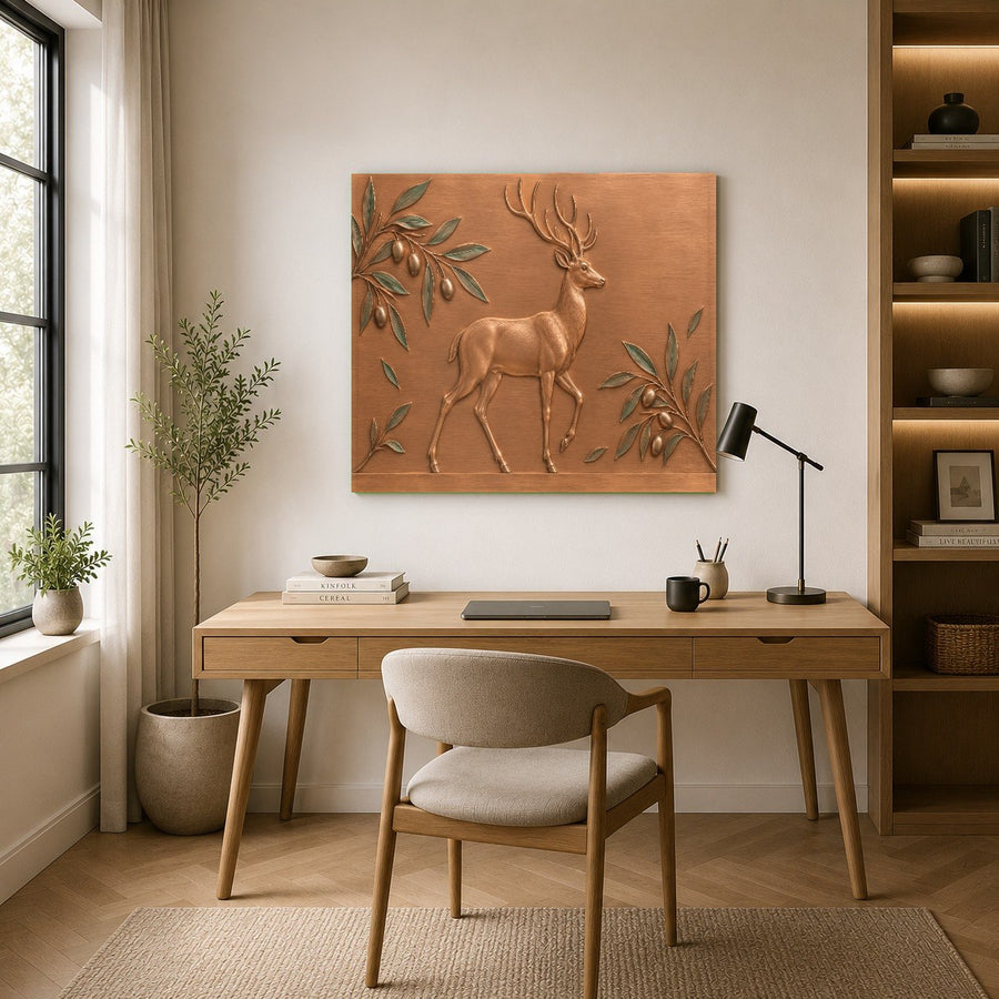 Forest deer glass wall decor hung in a contemporary wooden dining room space