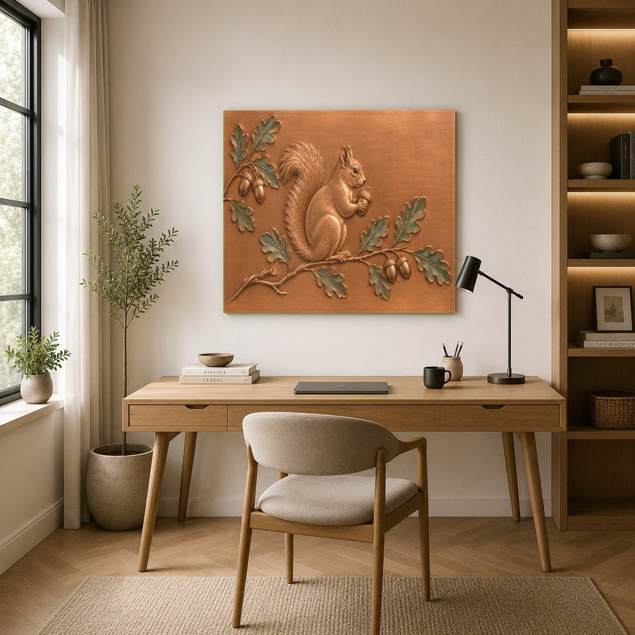 Fall foliage tempered glass art displayed prominently in a contemporary office space