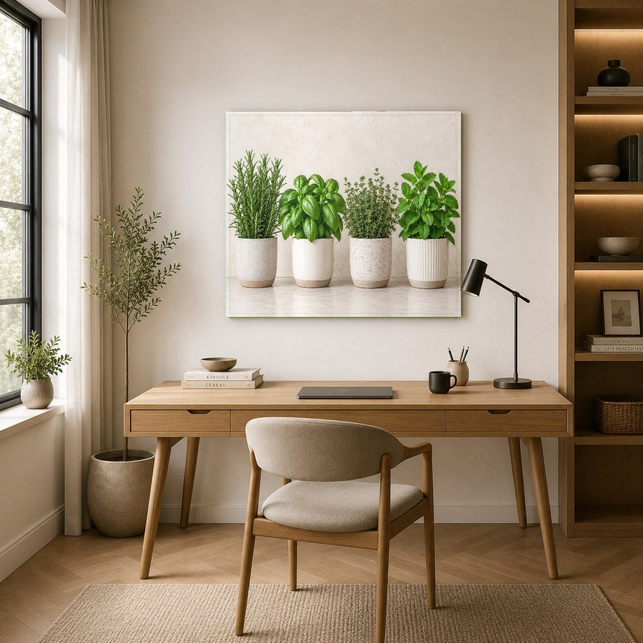 Farmhouse kitchen wall art featuring fresh green herbs in a chic apartment interior