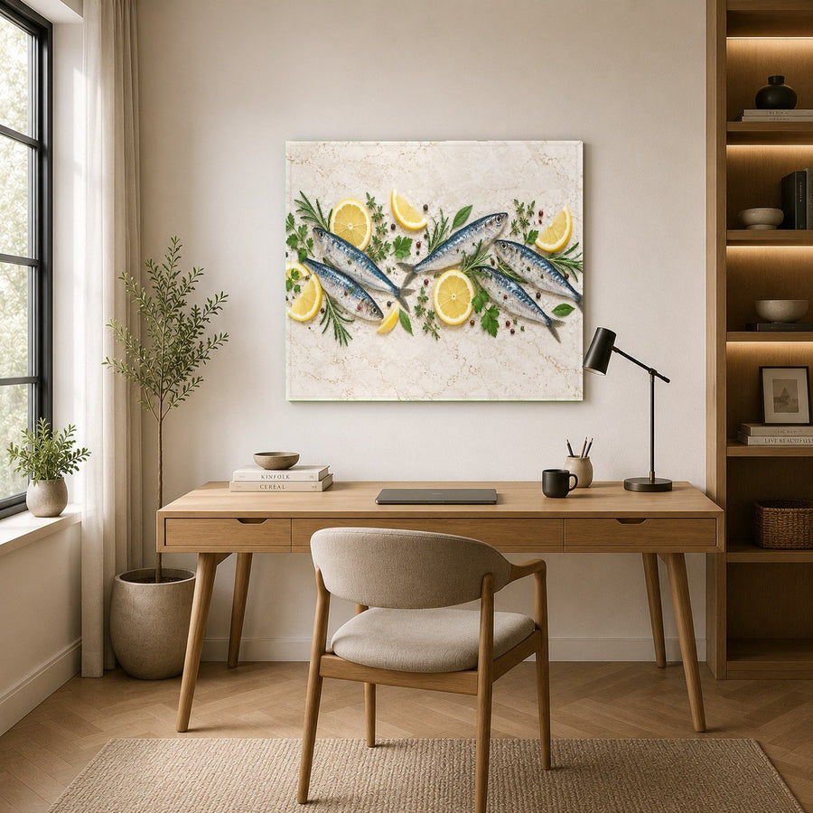 Sardine Lemon Glass Print styled in a modern restaurant dining area