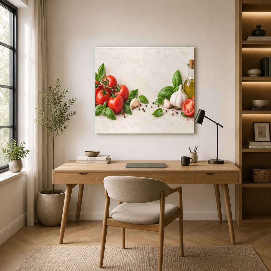 Herb-themed glass wall art styled in a rustic country home dining area