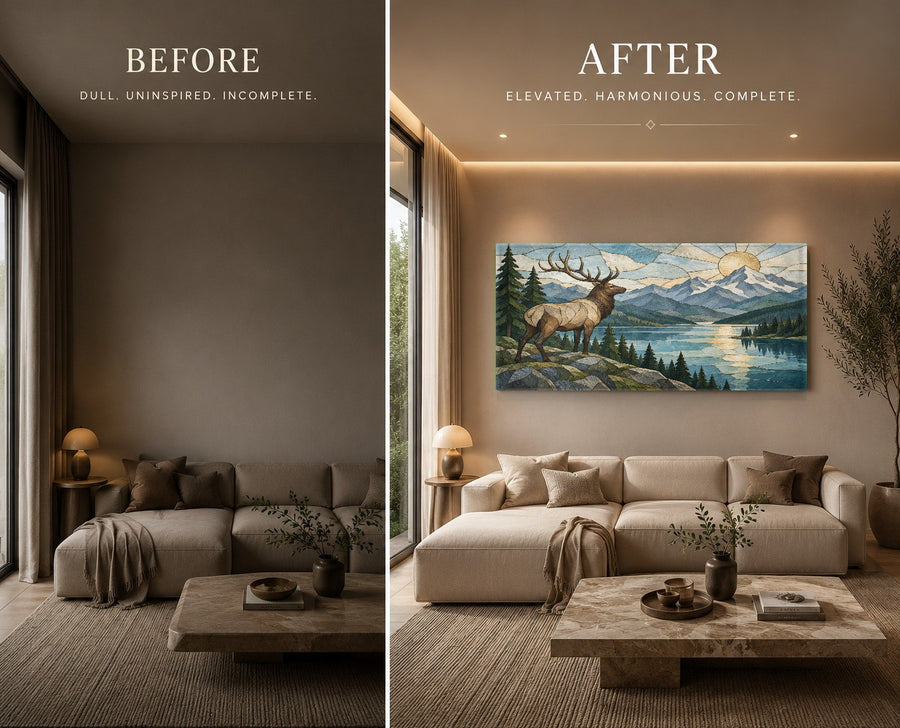 Elk River landscape glass wall decor centered above a king bed in a cozy mountain bedroom
