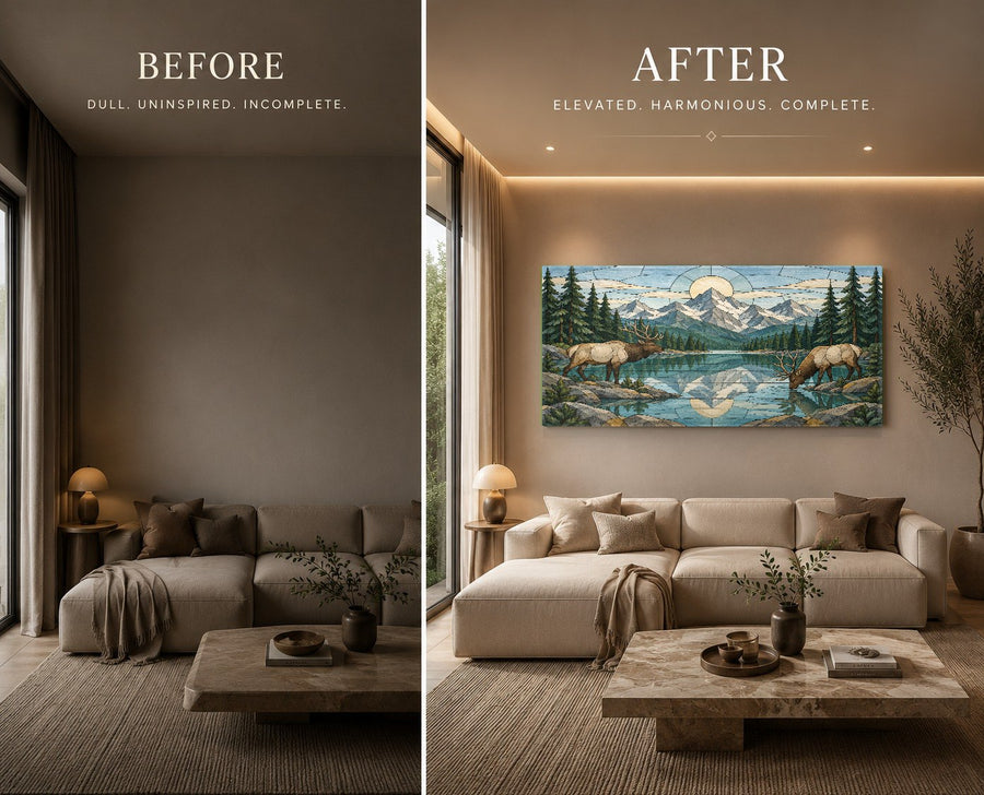 Mountain river landscape printed on glass displayed in a cozy mountain resort lounge overlooking forest views.