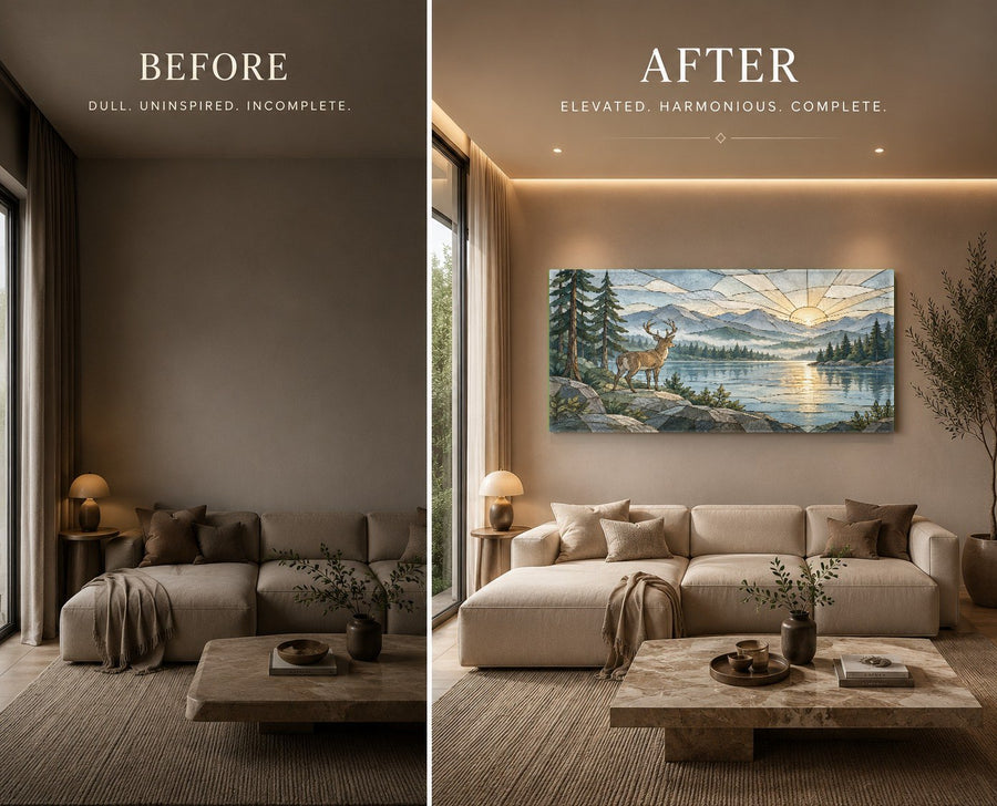 An entryway of a country home decorated with a warm-toned deer sunset tempered glass artwork.