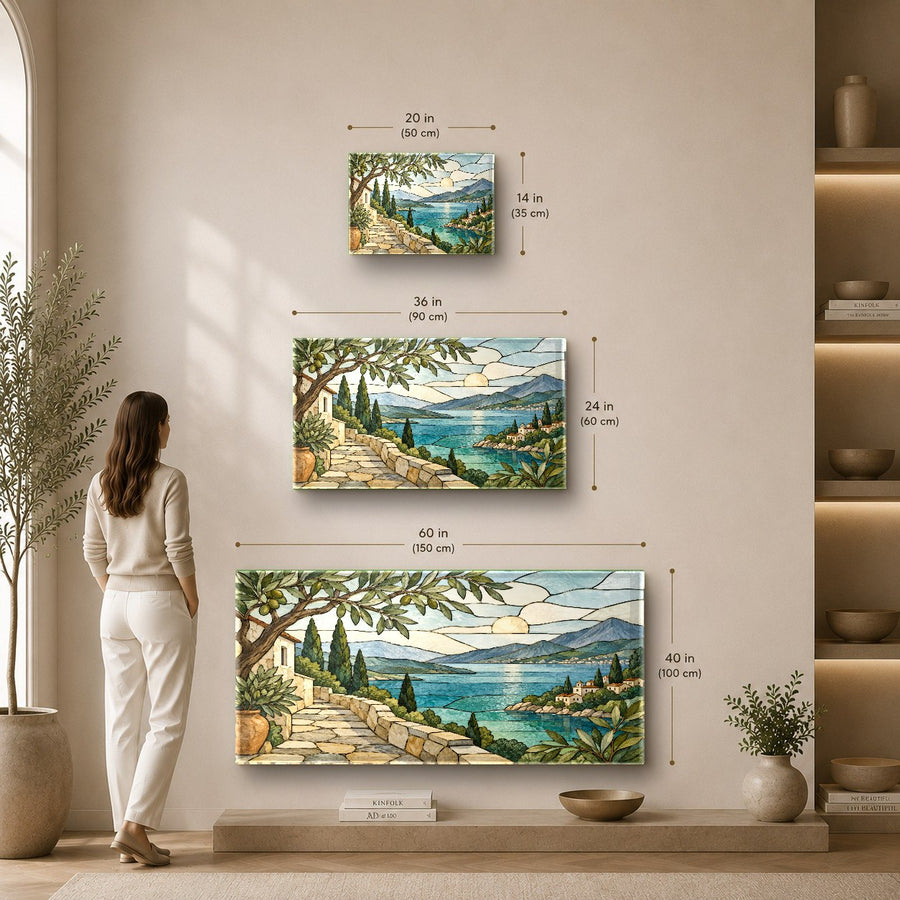 A serene sea-inspired glass wall art piece mounted above a white freestanding bathtub in a modern spa.