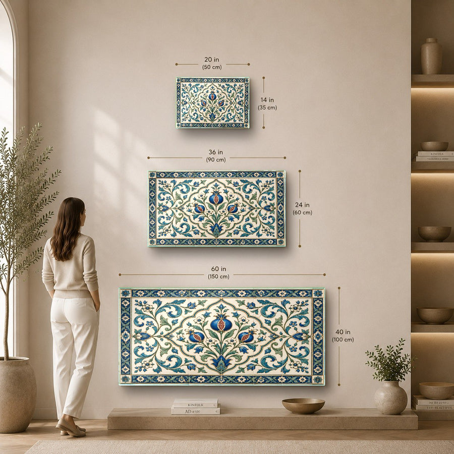 Green botanical glass wall art styled above a wooden console table
