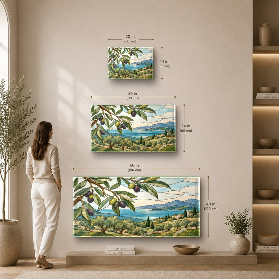 Large-scale Stained Olive Glass Wall Art hanging as a statement piece in a luxury master bedroom