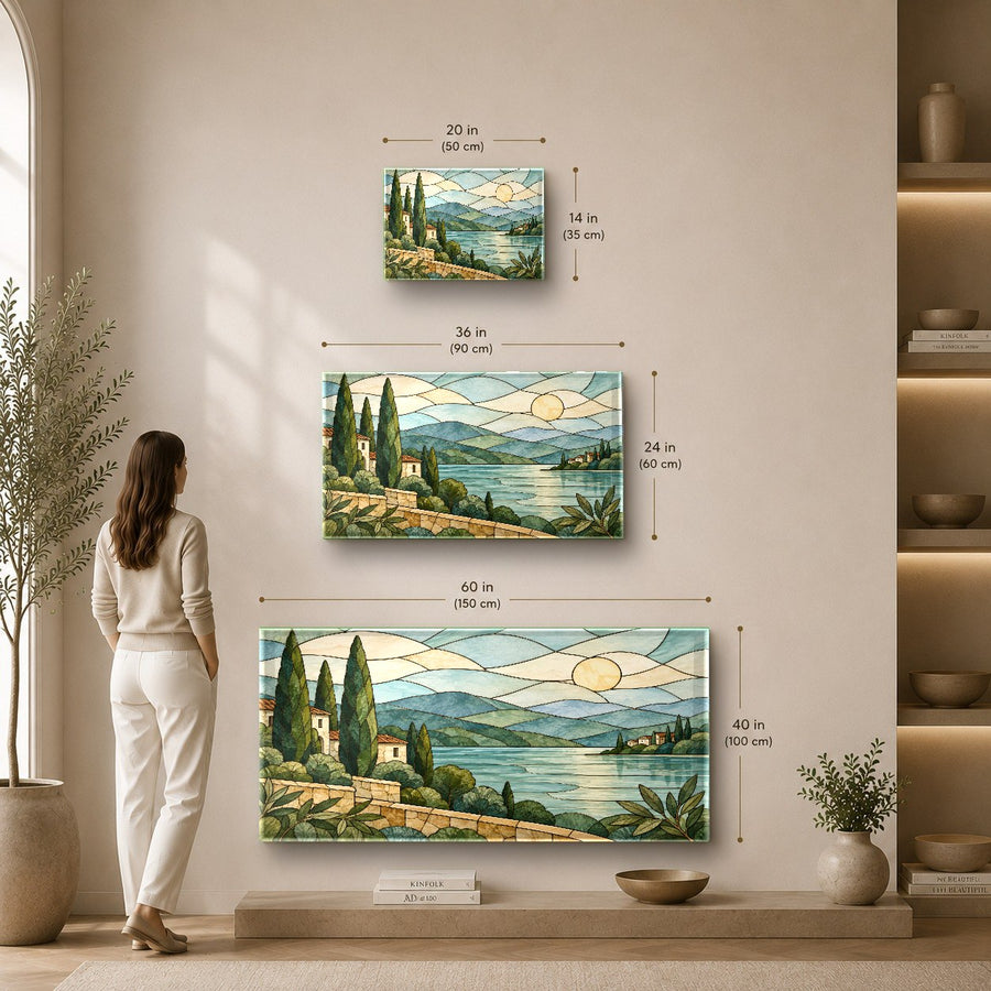Stained Sunrise glass print hanging on a neutral hallway wall